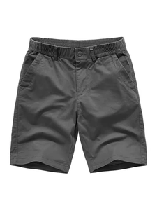 Men's casual cotton cargo shorts in charcoal grey with elastic waist and button closure