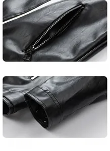 Close-up of metal zipper pockets and precision stitching on a black faux leather jacket