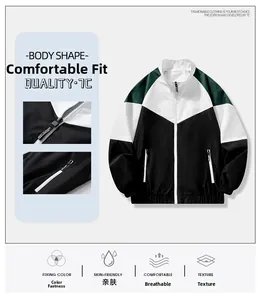 Detail view of men's color-block casual jacket showing windproof fabric and zip pockets