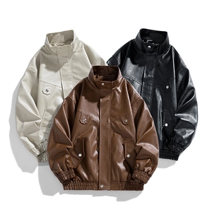 Giacca in Pelle PU Vintage da Uomo Colletto Rialzato Biker Bomber Loose Casual Streetwear Windbreaker Outwear Primavera Autunno