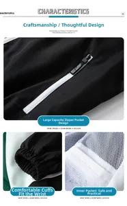 Detail view of large zipper pocket, elastic cuffs and breathable mesh lining of jacket