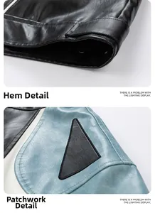 Detail of color-block PU leather jacket showing stitching and hem in black blue white