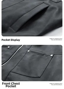 Detail view of leather jacket stitching, zipper closure, and pockets with metal rivets