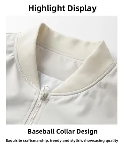 Detail of baseball collar and zipper on ivory American casual varsity jacket