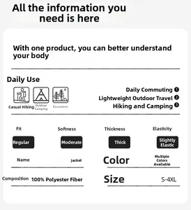 Detailed spec sheet showing 100% polyester fabric and S-4XL sizing for outdoor jacket