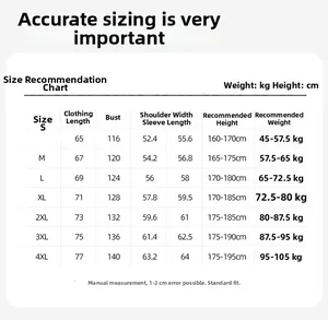 Detailed size chart for men outdoor mountain jacket with measurements from size S to 4XL