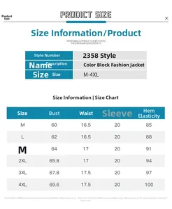 Size guide for men's color-block jacket showing chest and hem measurements for sizes M-4XL