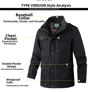 Detail view of cotton work jacket showing baseball collar, chest zipper and flap pockets