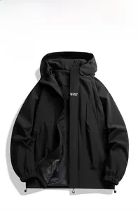 Front view of black windbreaker jacket featuring a white logo and adjustable hood detail