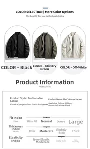 Detailed chart showing casual jacket colors and 100% polyester fabric specifications