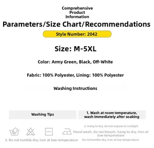 Tableau des tailles et détails du tissu pour veste homme avec 100% de polyester spécifié