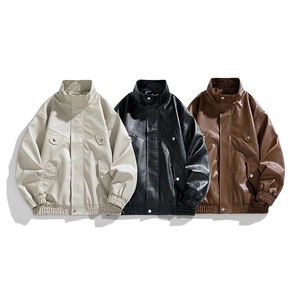 Giacca da uomo in pelle sintetica PU in beige, nero e marrone con colletto alla coreana