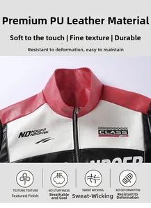 Nahaufnahme der PU-Ledertextur an einer dreifarbigen Rennjacke im Vintage-Stil