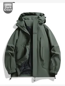 Front view of a dark green windproof outdoor jacket with adjustable hood and brand print