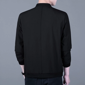 Men's black casual bomber jacket with classic rib-knit collar and cuffs back view