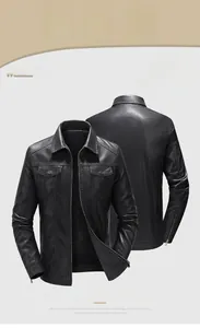 Front and back view of a slim fit black leather motorcycle jacket with lapel collar