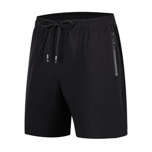 Men's quick-dry black sports shorts with elastic drawstring waist and zippered pockets