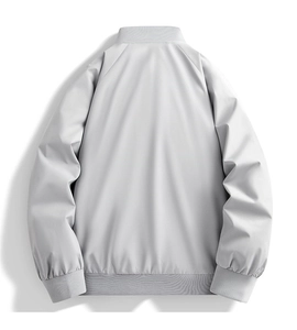 Back view of light grey bomber jacket featuring ribbed collar and windproof fabric texture