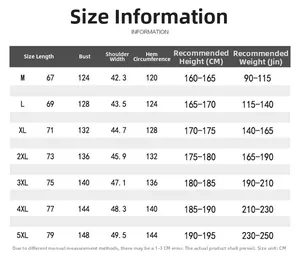 Size chart for American casual baseball jacket showing measurements from M to 5XL for men
