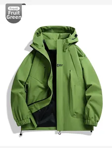 Front view of green hooded windbreaker jacket with adjustable drawstring and mesh lining