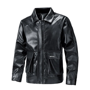 Men's black faux leather biker jacket with stand collar and dual flap pockets