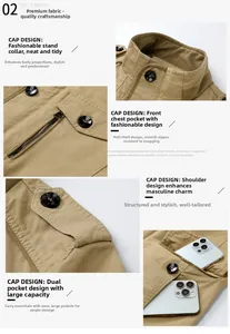 Detailed views of khaki cotton jacket showing stand collar, cargo pockets, and epaulettes