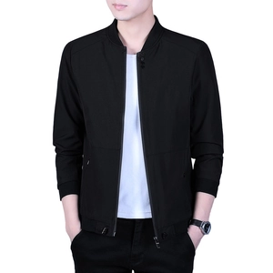 Men's casual black bomber jacket with ribbed cuffs and zipper closure on white background