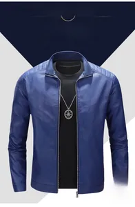 Close-up of blue faux leather jacket featuring stand collar and quilted shoulder details