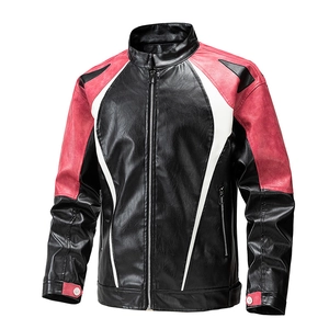 Men Color Block PU Leather Jacket Windproof Stand Collar Motorcycle Coat Streetwear Outerwear Fashion Casual Biker Jacket Men