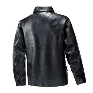 Rear view of a black men's motorcycle leather jacket with a stand collar and premium texture
