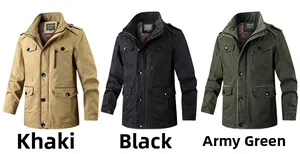 Detailed view of cargo jacket color options in khaki, black, and army green cotton fabric