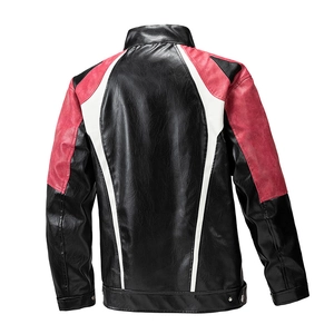 Mens color-block faux leather biker jacket with black white red panels from the back