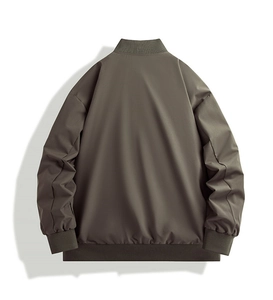 Flat lay back view of a minimalist olive green varsity bomber jacket with ribbed hem and cuffs