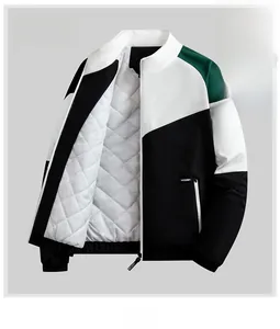 Detail of white diamond-quilted fleece lining on color-block men's jacket for warmth