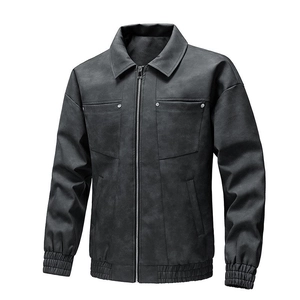 Men's dark grey faux suede moto jacket with zip-up front and ribbed cuffs for slim fit