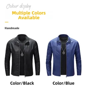 Detail view of black and blue faux leather motorcycle jackets with quilted shoulders and zippers