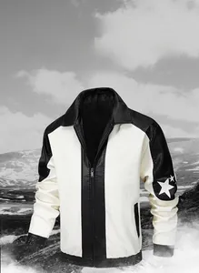 Close-up of black PU leather biker jacket featuring a white star patch on the sleeve