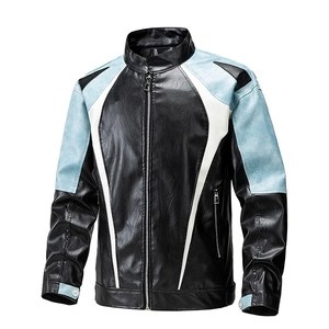 Men's motorcycle faux leather jacket with blue, white and black color block design