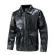 Men's black faux leather biker jacket with classic lapel collar and utility pockets