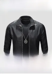 Detail of mandarin collar leather jacket showing quilted shoulders and metal zipper