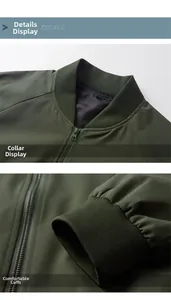Close-up of military green bomber jacket detailing ribbed collar and metallic zipper hardware