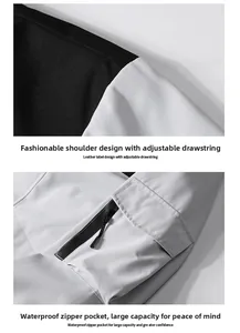 Detail of waterproof zipper pocket and contrast shoulder stitching on outdoor jacket