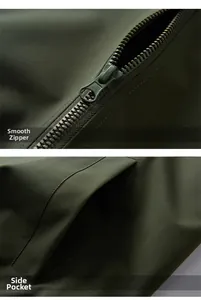 Detail showing smooth resin zipper and secure side pocket on army green flight jacket