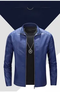 Detailed view of blue faux leather biker jacket with stand collar and quilted shoulders