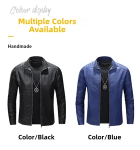 Detailed view of stand-collar leather jackets in black and blue with quilted shoulders