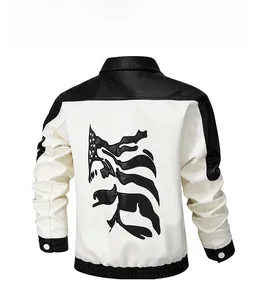 Detail of street style PU leather jacket back with black irregular art pattern