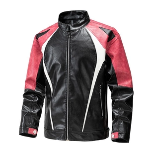 Men's slim fit motorcycle faux leather jacket with red and white color blocking design