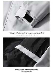 Detail of windproof velcro cuffs and inner security pocket on outdoor jacket