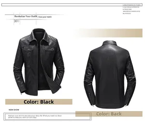 Front and back view of men's slim fit black faux leather jacket with buckle chest pockets