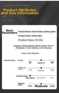 Detailed specification chart for men's stand collar leather jacket showing sizes and fabric